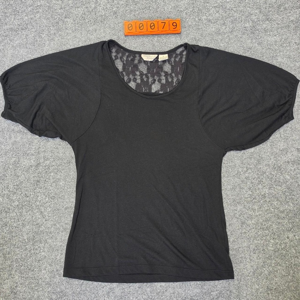 Allison Brittney Black polyester & rayon blouse with lace detail, size S.